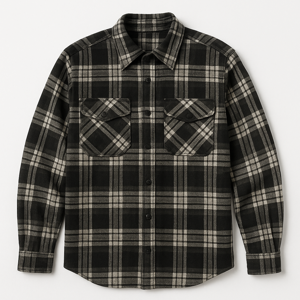 Mens Woven Button Up Long Sleeve Flannelette Shirt in Black Check
