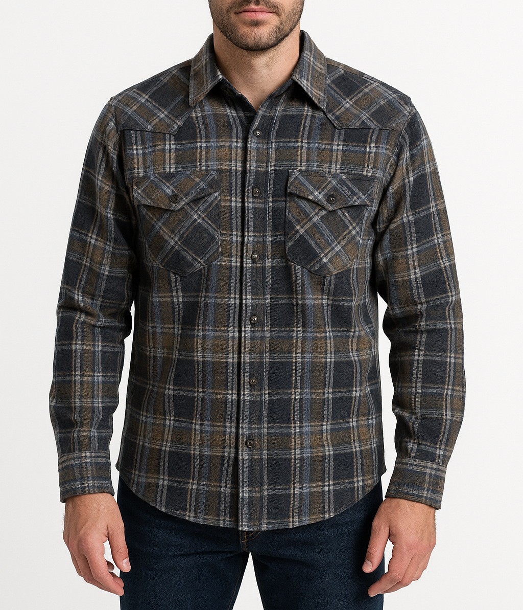 Mens Woven Button Up Long Sleeve Flannelette Shirt in Blue Check