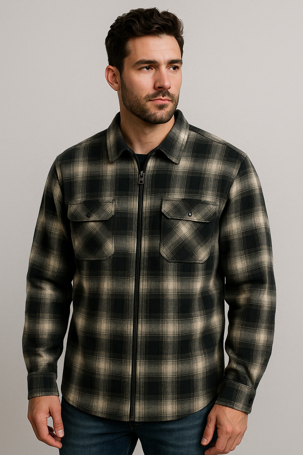 Mens Check Polar Fleece Zip Thru Long Sleeve Polar Fleece Shirt in Black/Charcoal