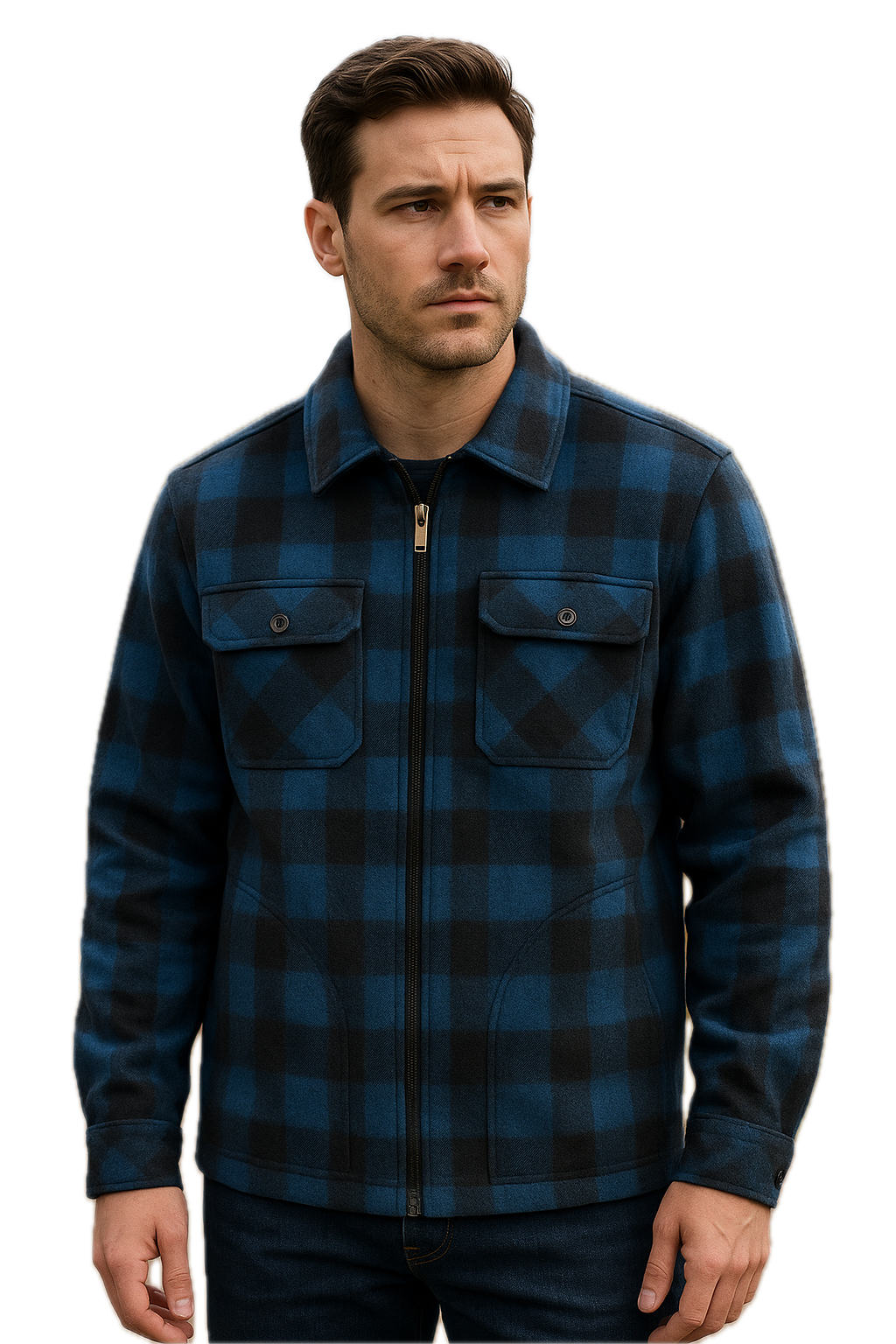 Mens Check Polar Fleece Zip Thru Long Sleeve Polar Fleece Shirt in Blue/Black