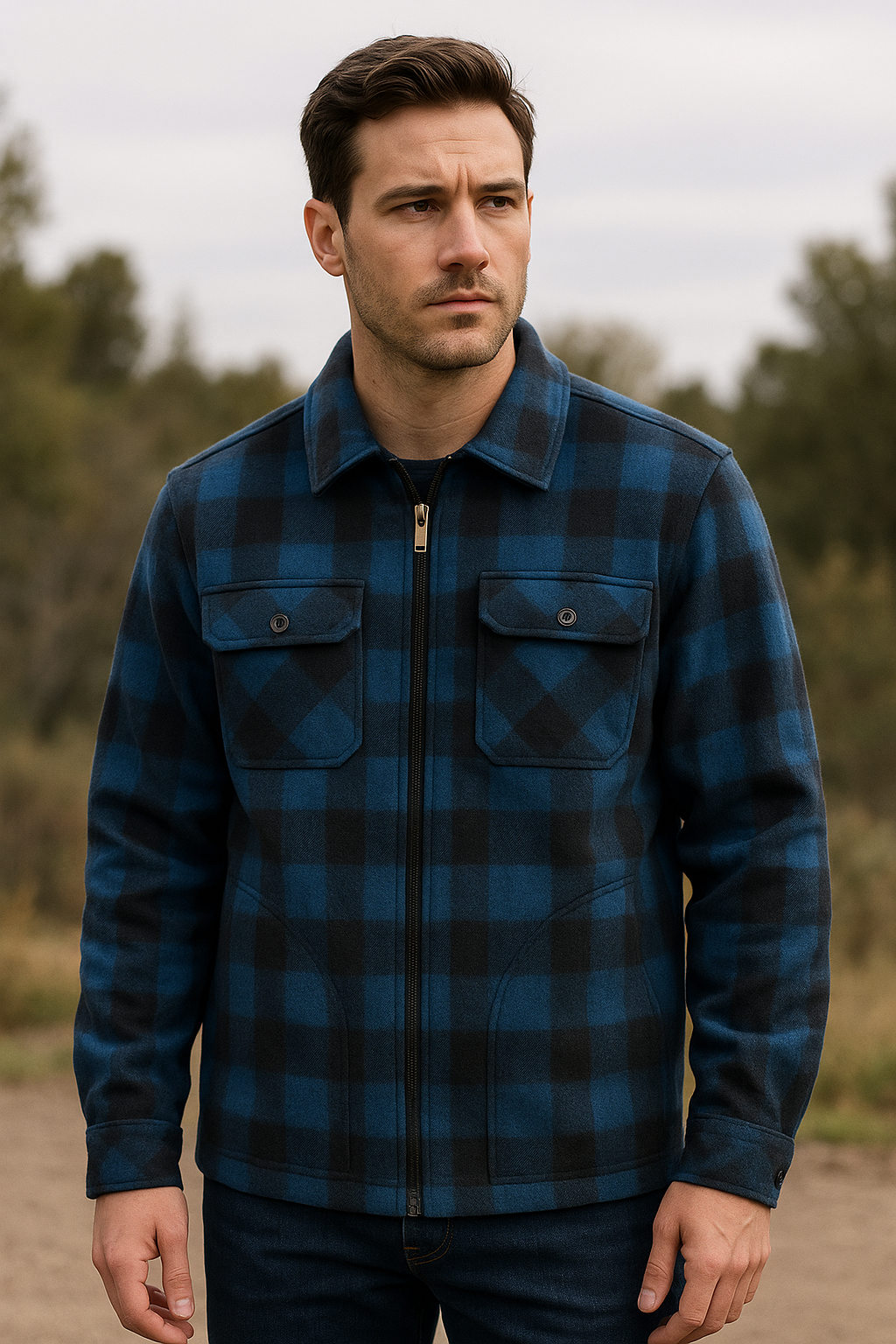 Mens Check Polar Fleece Zip Thru Long Sleeve Polar Fleece Shirt in Blue/Black