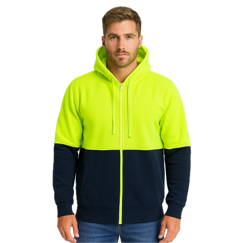 HI VIS Jumper Full Zip Hoodie Safety Workwear Fleecy Fleece Jacket Hooded in Lime/Navy