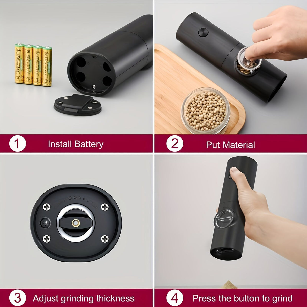 Electric Salt & Pepper Grinder Set – Adjustable Coarseness, LED Light & One-Touch Control (Black)