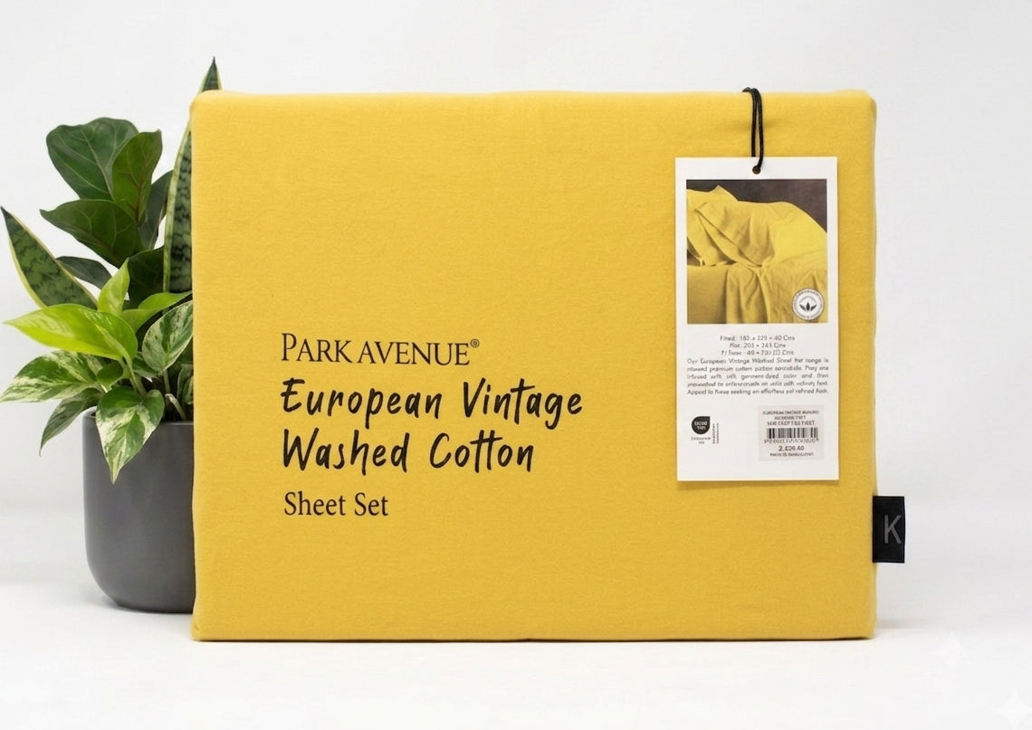Park Avenue European Vintage Washed Cotton Bed Sheet Set - Misted Yellow