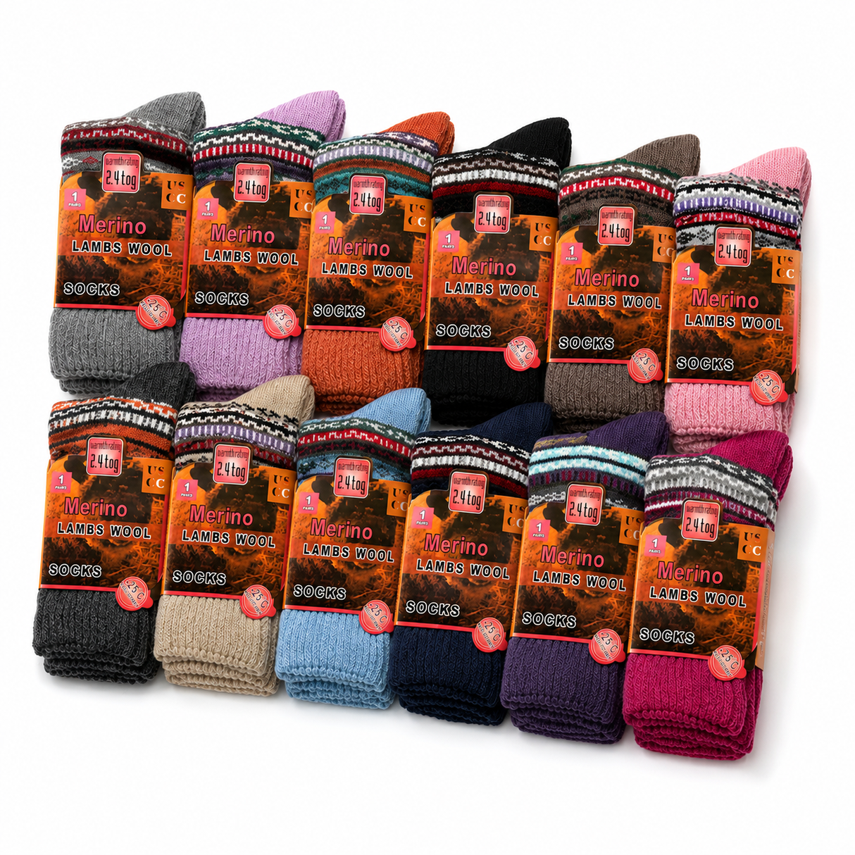 12x Womens Merino Lambs Wool Socks Warm for Winter - Size 2-8 (Assorted Colours)