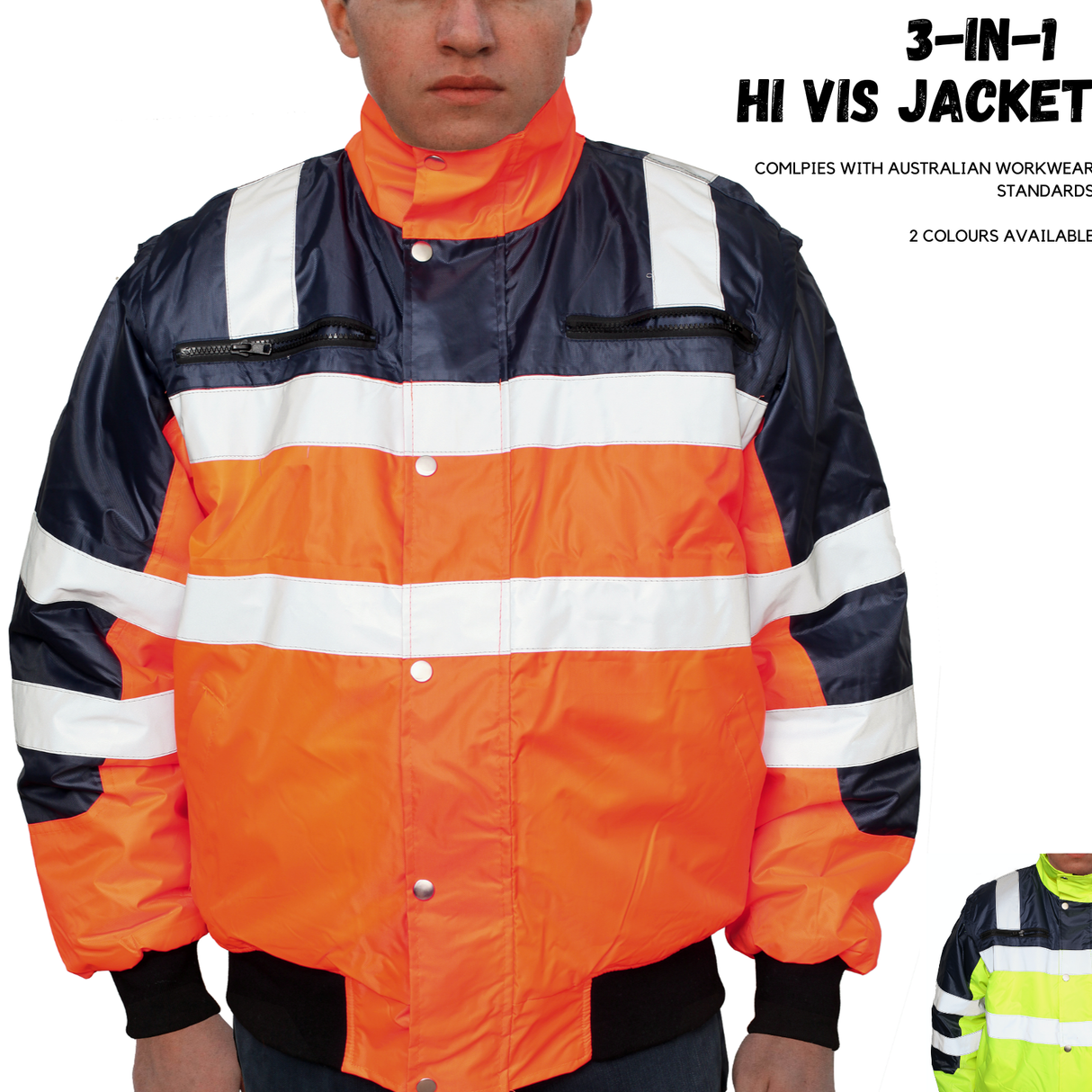 3-in-1 Hi Vis Quilted Safety Bomber Jacket Waterproof Reflective Workwear - Yellow/Navy