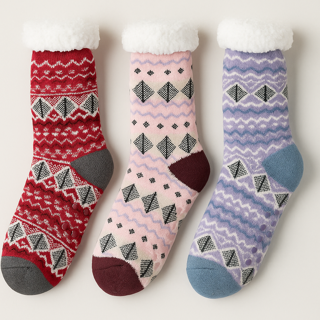 3 Pairs Ladies Thick Fur Bed Socks Womens Sherpa Fluffy Non Slip - Assorted