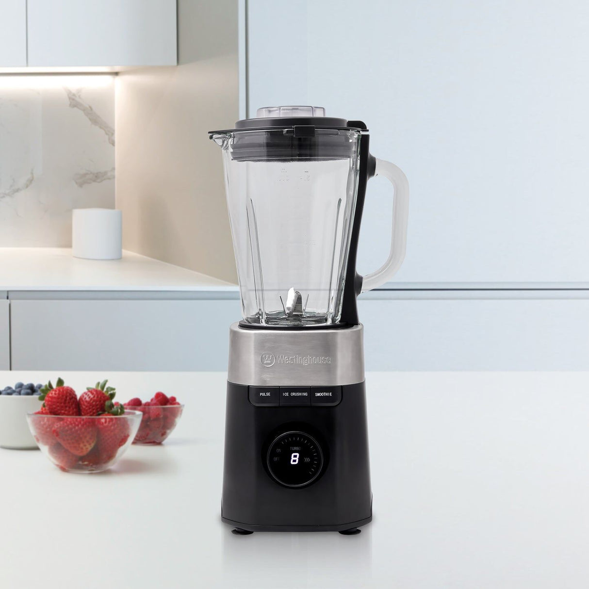 Westinghouse 900W Digital Display 1.5L Glass Jug Blender with Hex Blade WHBL04K