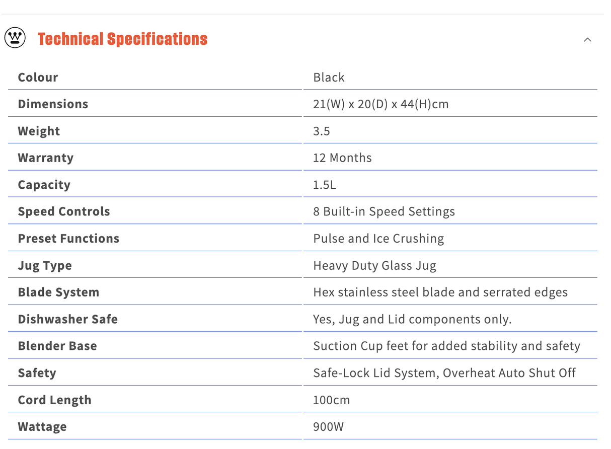 Westinghouse 900W Digital Display 1.5L Glass Jug Blender with Hex Blade WHBL04K