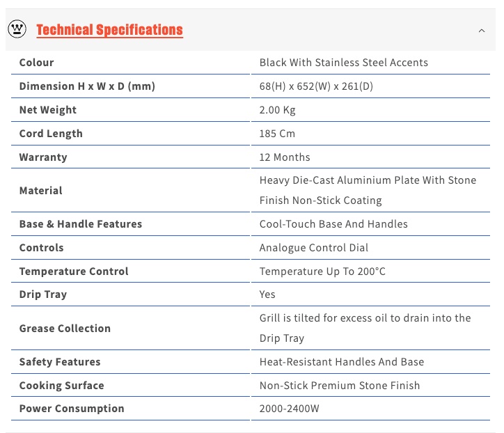 Westinghouse Non-Stick Flat Electric Grill 2200W in Black WHEG01K