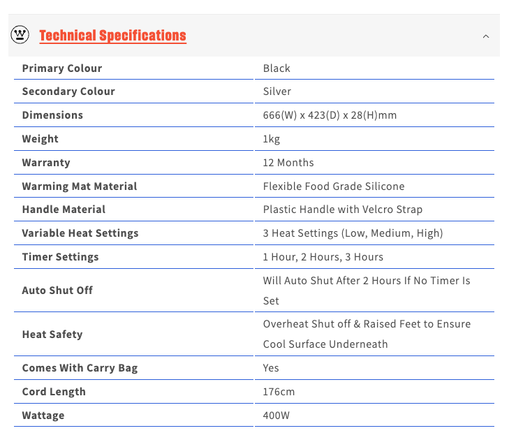 Westinghouse Portable Food Warming Heat Mat 400W in Black - WHFWM01K
