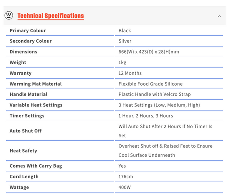 Westinghouse Portable Food Warming Heat Mat 400W in Black - WHFWM01K