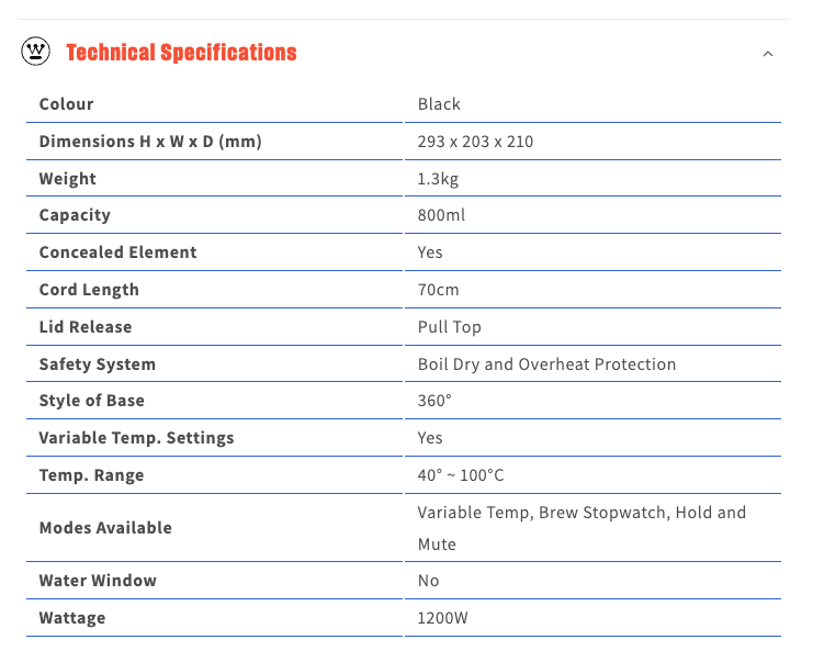Westinghouse Gooseneck Kettle 1200W 0.8L in Black Stainless Steel - WHGKE01K