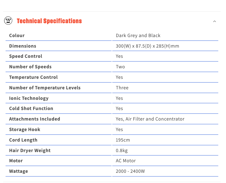 Westinghouse 2400W Ionic Anti-Frizz Hair Dryer with Cold Shot - WHHD01G
