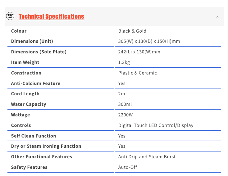 Westinghouse Premium Steam Iron 2200W 300ml in Black & Gold - WHIR10KG