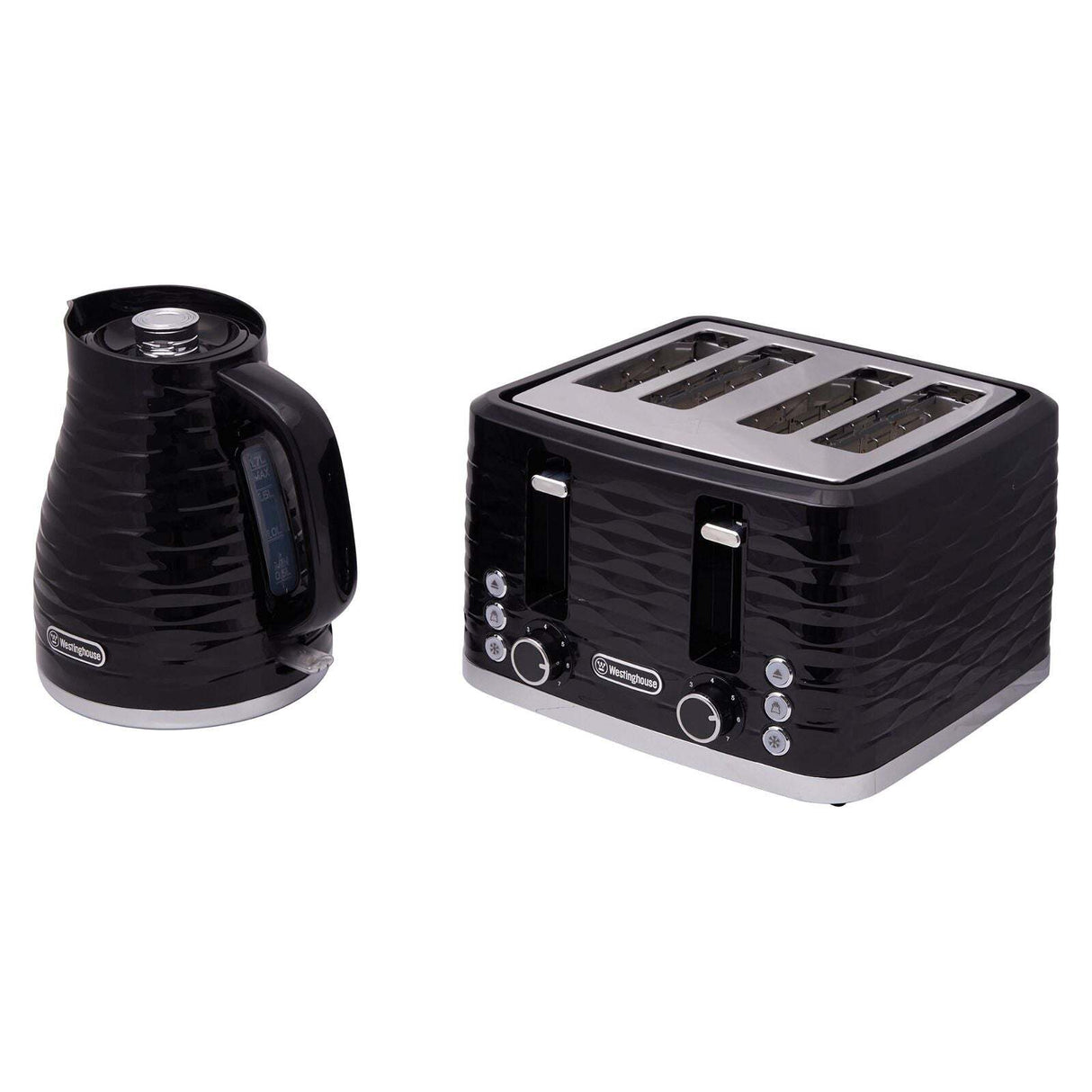 Westinghouse 1.7L Kettle & 4 Slice Toaster Pack Black/Silver Wave Pattern - WHKTPK14K