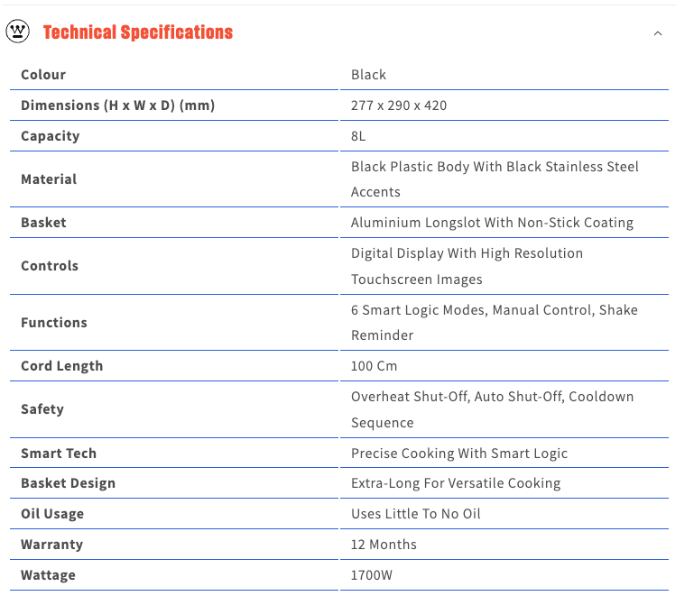 Westinghouse XL Air Fryer Smart Logic 1700W 8L in Black Stainless Steel - WHOF12KS