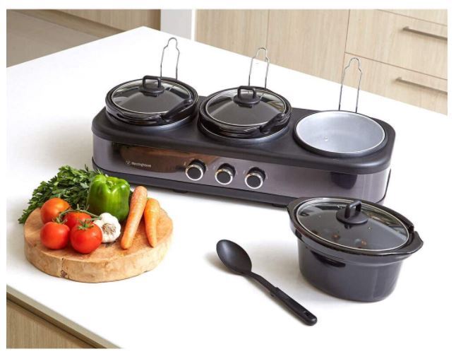 Westinghouse 3-Pot 2.5L Slow Cooker Stainless Steel Pot Cookware w/Lid/Spoon - Black - WHSC07KS