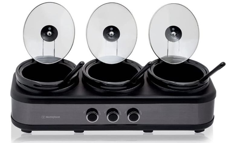 Westinghouse 3-Pot 2.5L Slow Cooker Stainless Steel Pot Cookware w/Lid/Spoon - Black - WHSC07KS