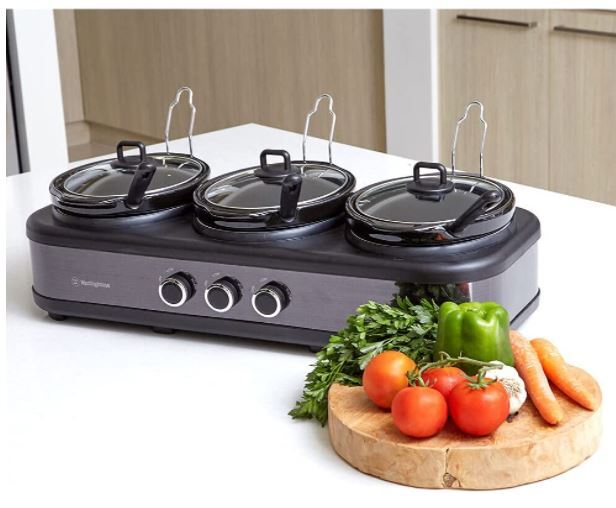 Westinghouse 3-Pot 2.5L Slow Cooker Stainless Steel Pot Cookware w/Lid/Spoon - Black - WHSC07KS