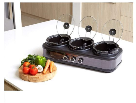 Westinghouse 3-Pot 2.5L Slow Cooker Stainless Steel Pot Cookware w/Lid/Spoon - Black - WHSC07KS