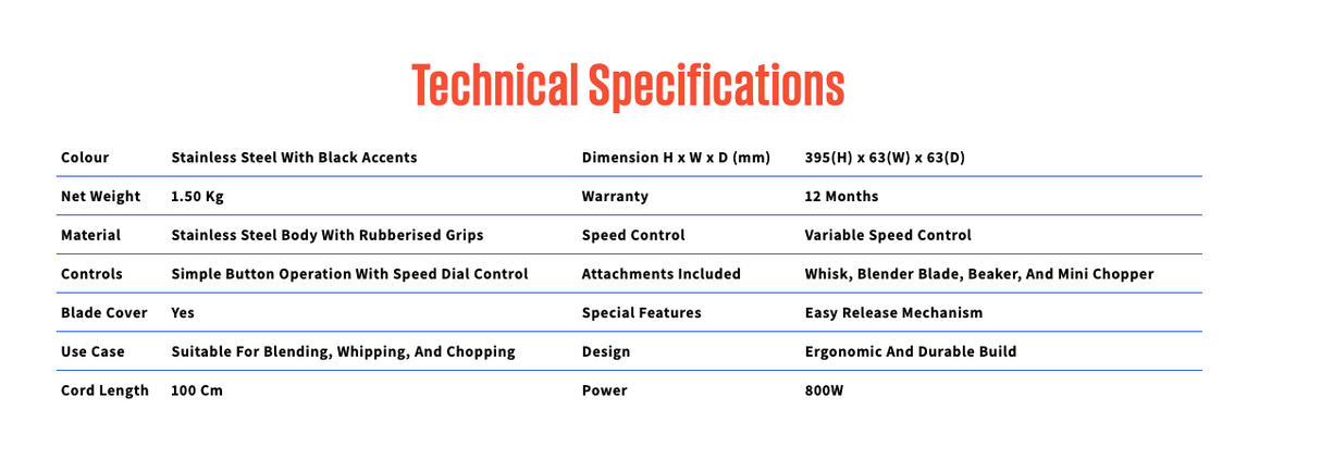 Westinghouse Stainless Steel Handheld Stick Mixer 800W Speed Control - WHSM02SS