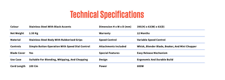 Westinghouse Stainless Steel Handheld Stick Mixer 800W Speed Control - WHSM02SS