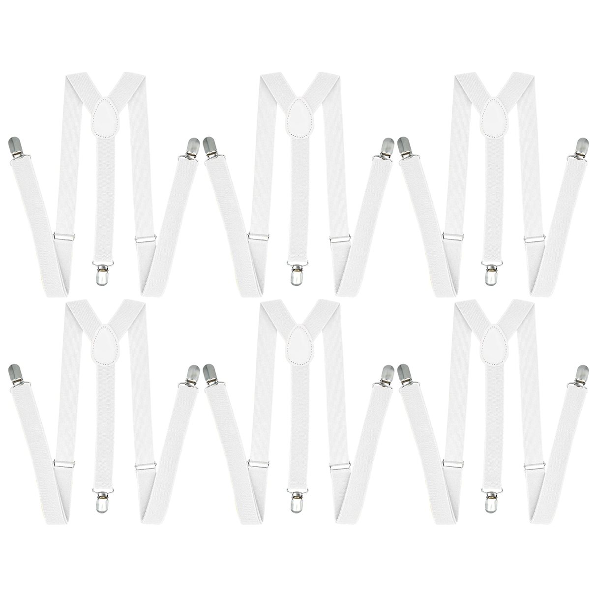 6x White 35mm Wide Suspenders Bulk Pack - Unisex Adjustable Clip On Elastic Y-Back Braces
