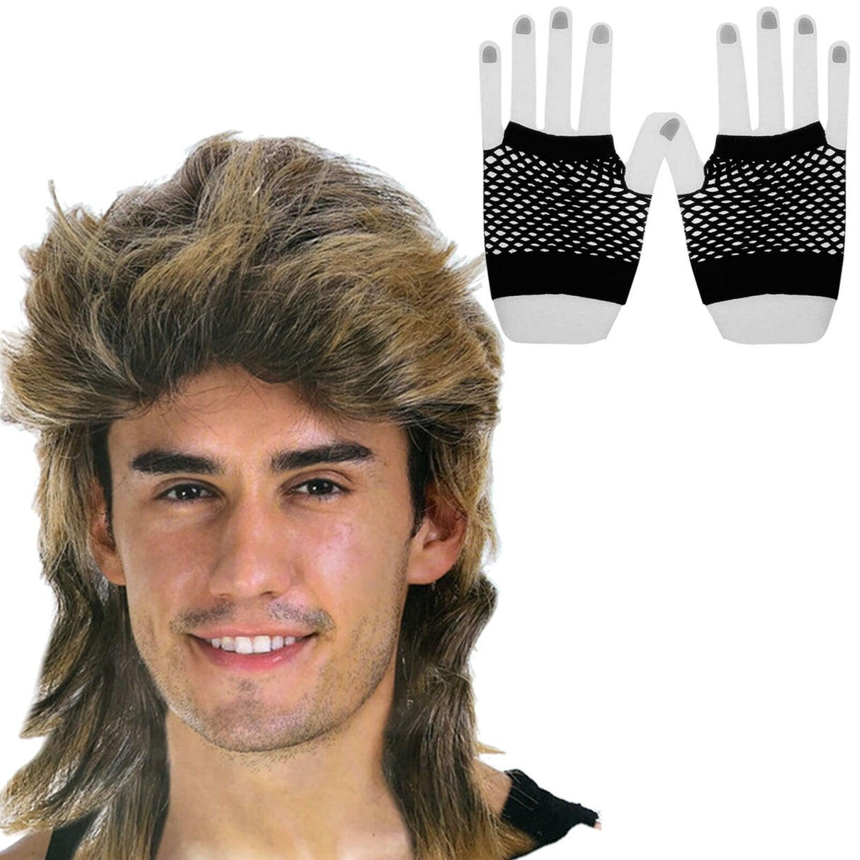 2Pcs Set Golden Blonde Bullet Wig + Fishnet Gloves 70s 80s Womens Costume Party - Black