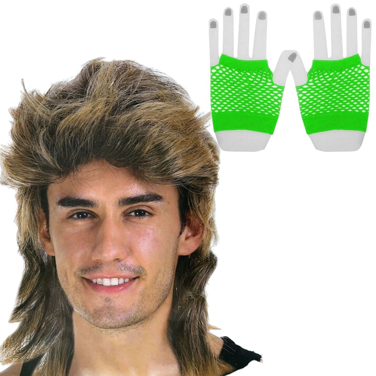 2pcs Golden Blonde Bullet Wig + Fluro Green Fishnet Gloves Set - 70s/80s Womens (Costume Party)