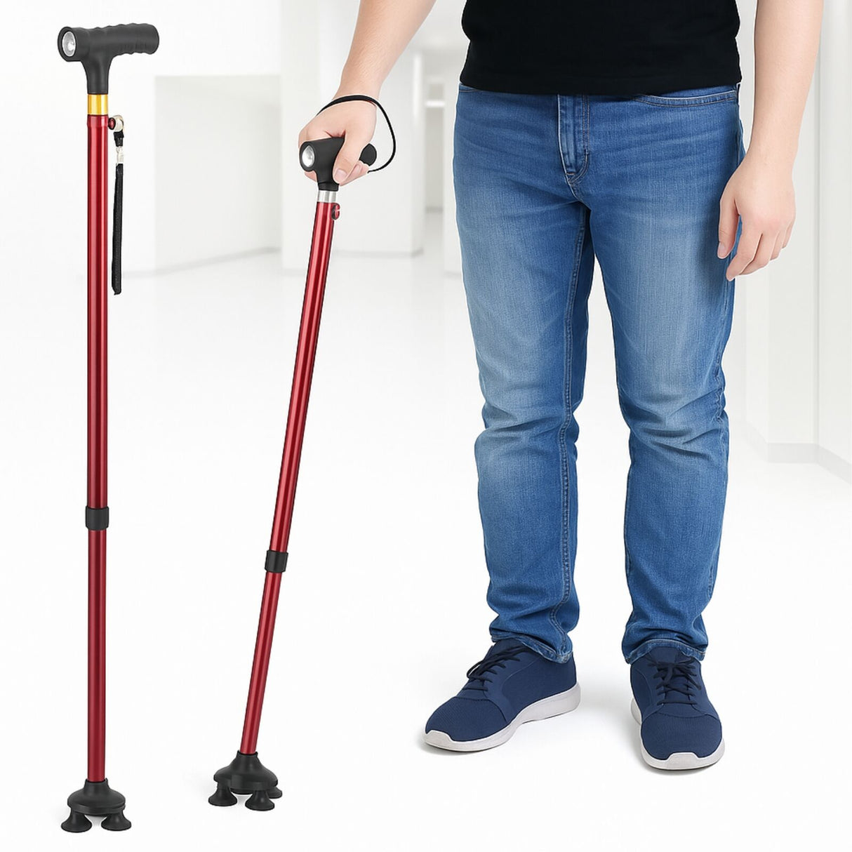 Walking Stick Cane Folding With Light LED Strap Handle Metal Adjustable - 4 Legs