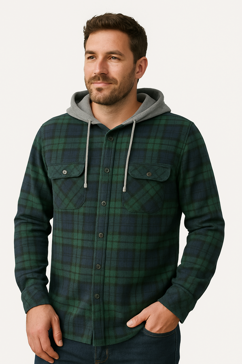 Mens Cotton Flannelette Shirt w Jersey Hood Long Sleeve Flannel - Green