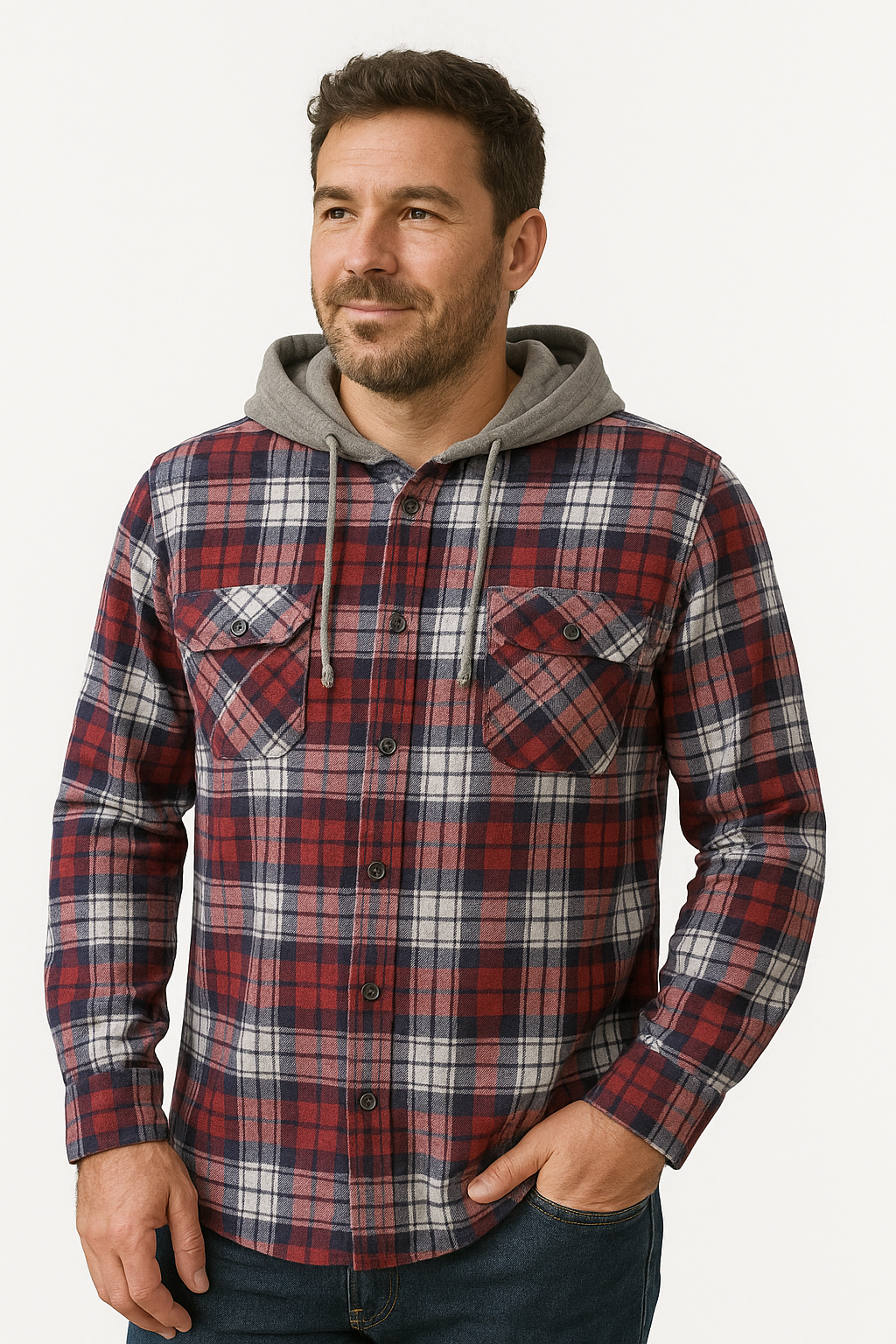 Mens Cotton Flannelette Shirt w Jersey Hood Long Sleeve Flannel - Navy