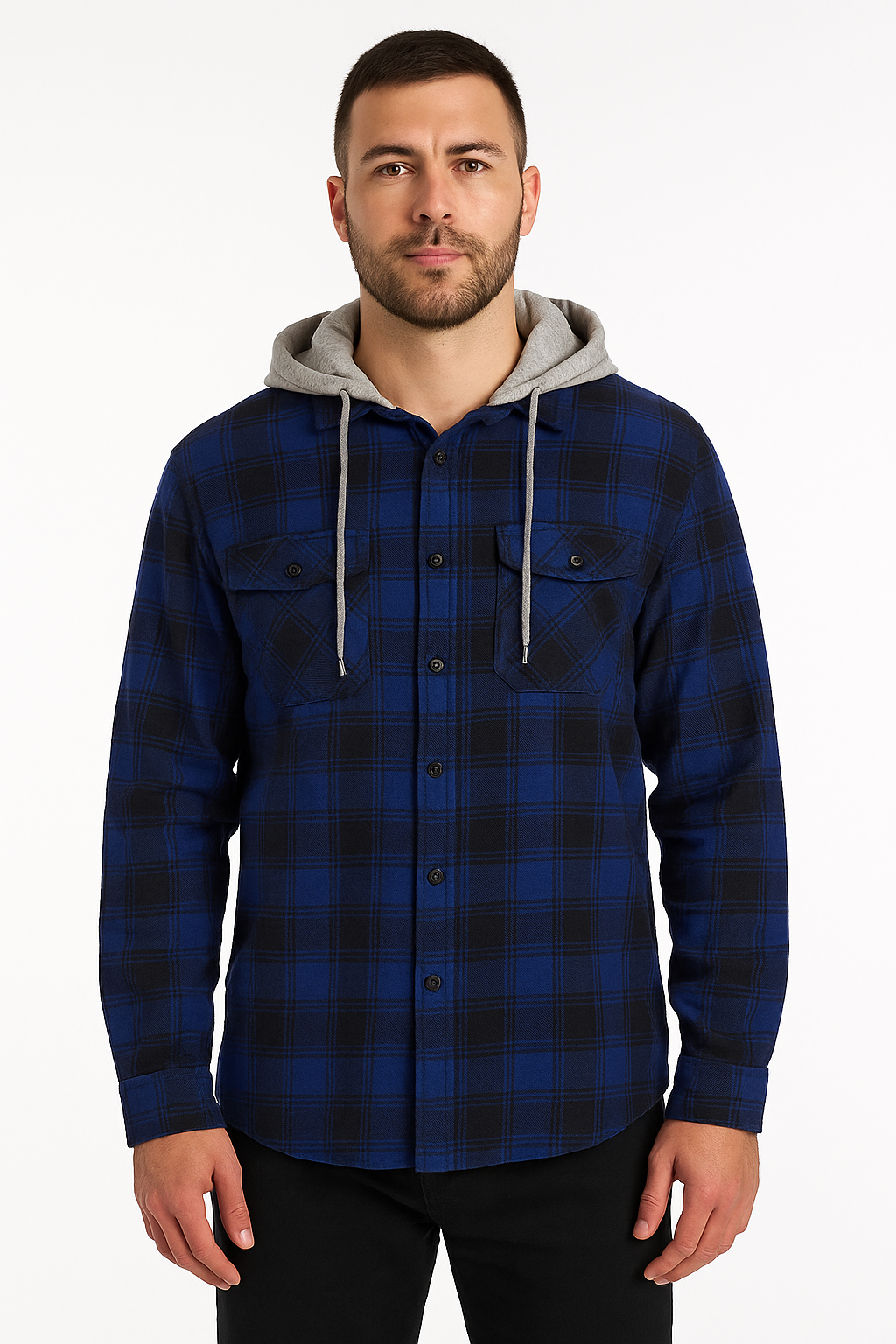 Mens Cotton Flannelette Shirt w Jersey Hood Long Sleeve Flannel