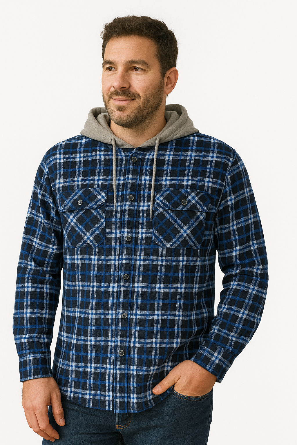 Mens Cotton Flannelette Shirt w Jersey Hood Long Sleeve Flannel - Navy