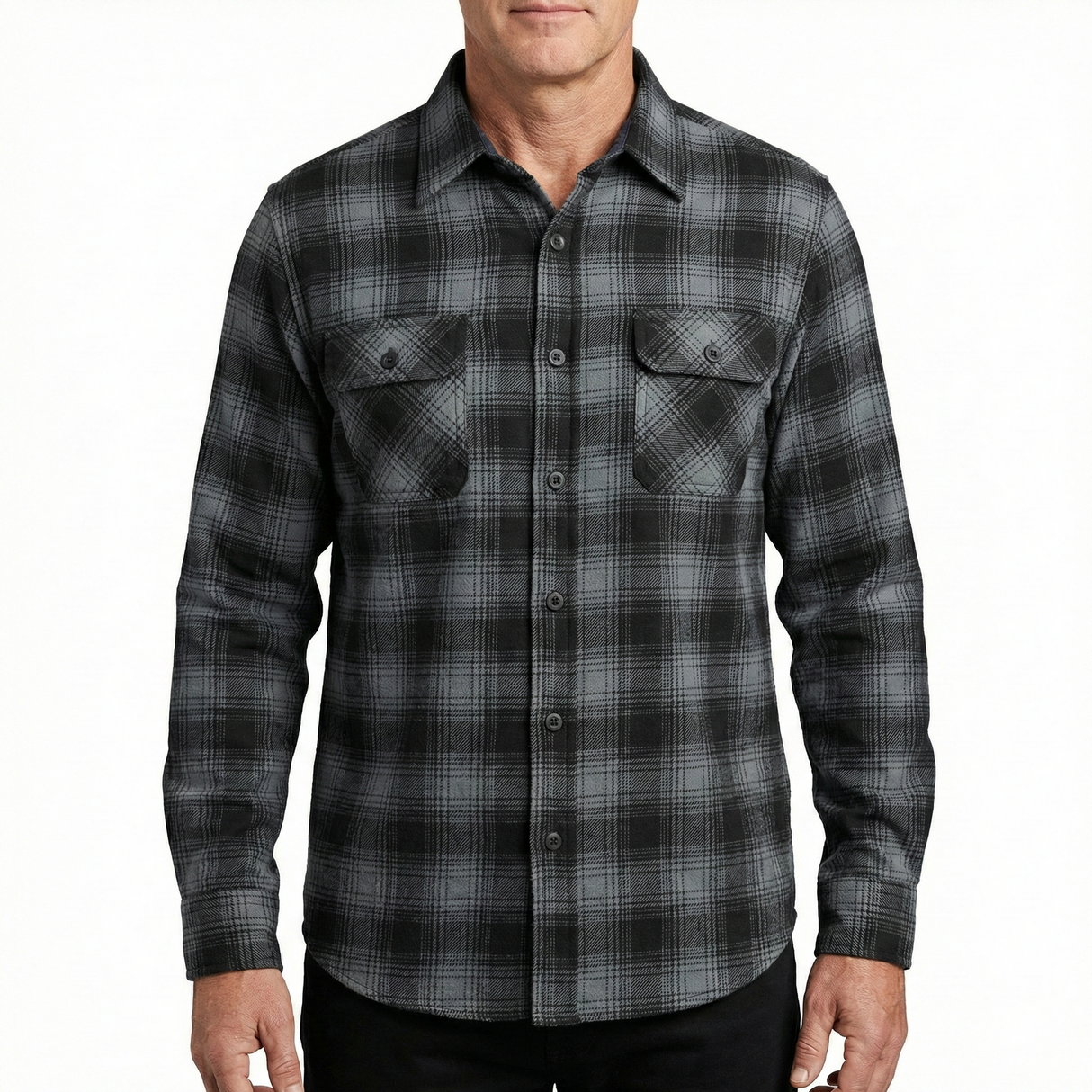 Mens Long Sleeve Flannelette Shirt - Grey/Black (100% Cotton Check Full Placket Flannel)