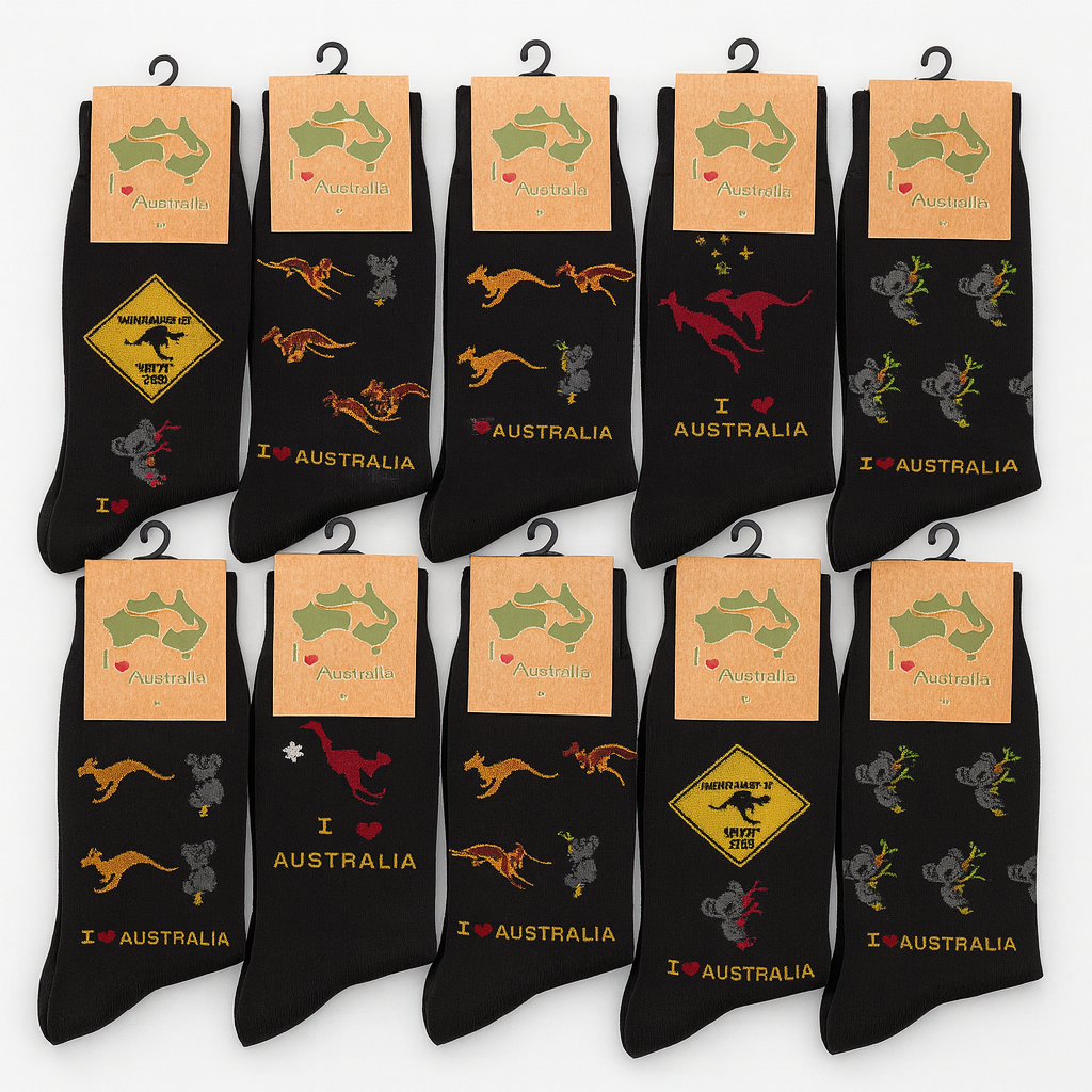 12 Pairs Australian Souvenir Cotton Socks Kangaroo/Koala/Flag (Size 6-11) in Assorted Patterns