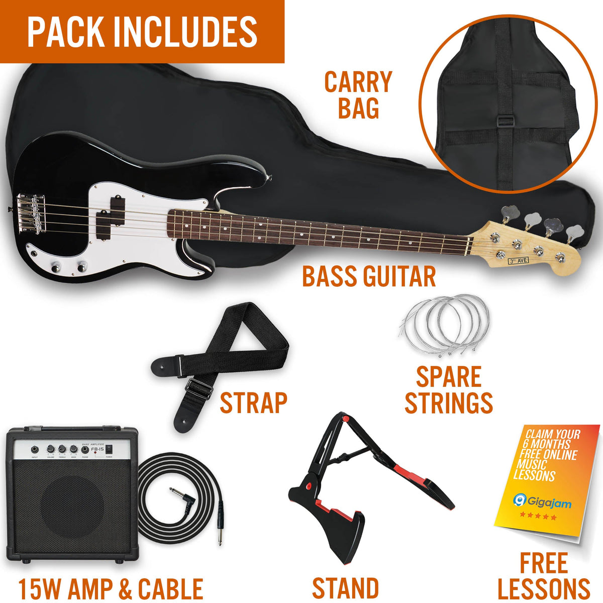 3rd Avenue Electric Bass Guitar Pack w/ 15W Amp - Black