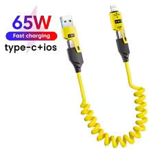 Fast Charging 4-in-1 Spring Data Cable (65W), USB-A + Type-C to Type-C + Lightning