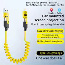 Fast Charging 4-in-1 Spring Data Cable (65W), USB-A + Type-C to Type-C + Lightning