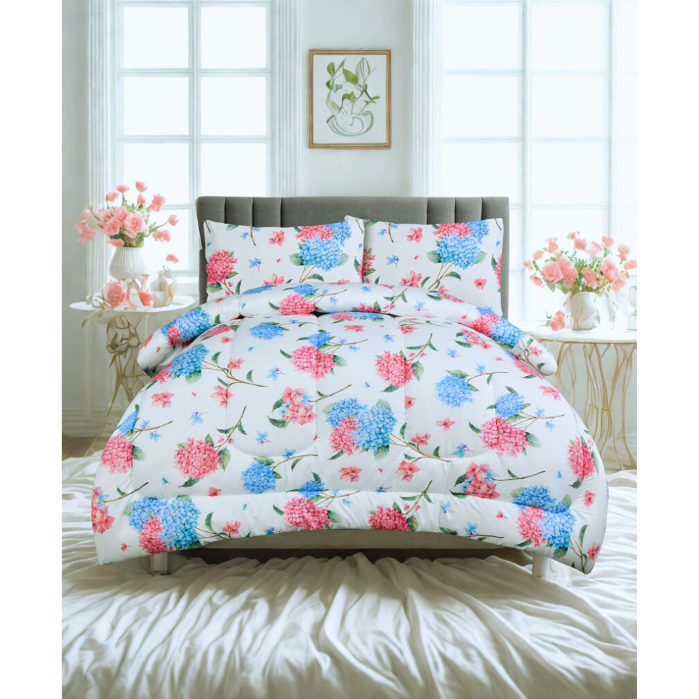 Meadow Bouquet Double Comforter Set w/ Fitted Sheet & 4 Pillow Covers - Pink/Blue (6 Piece Set)