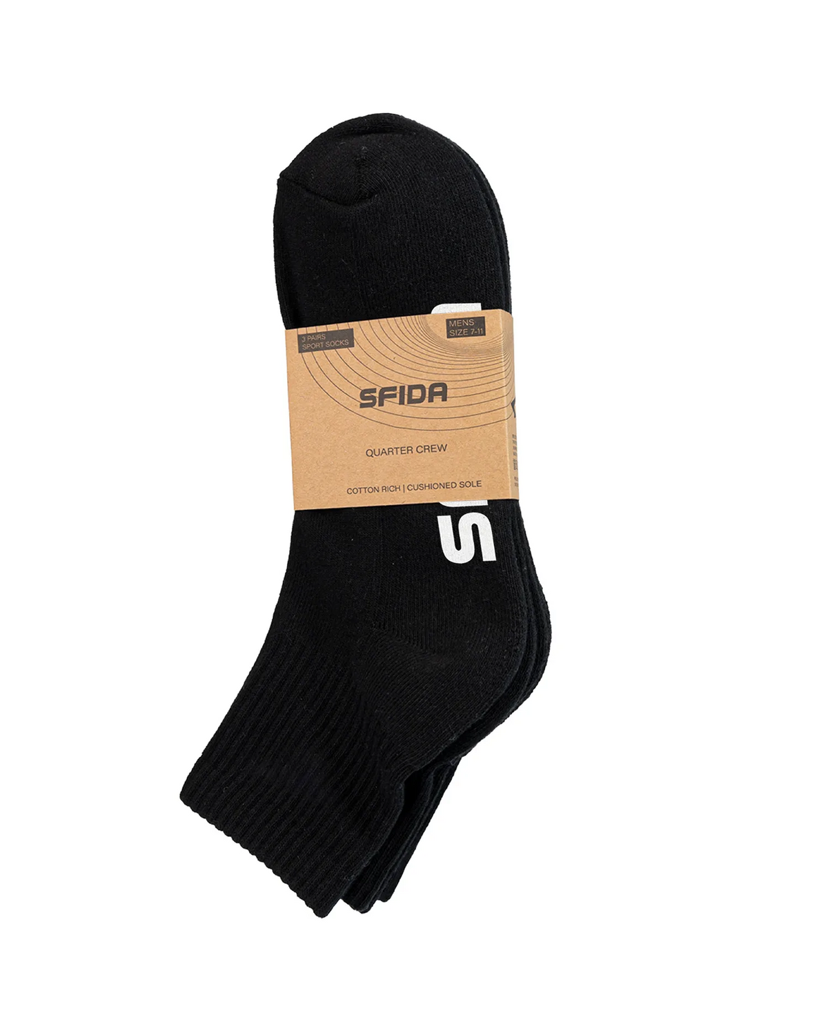 Sfida Mens Quarter Crew Sports Socks 3 Pair Pack - Black (Cotton Rich)