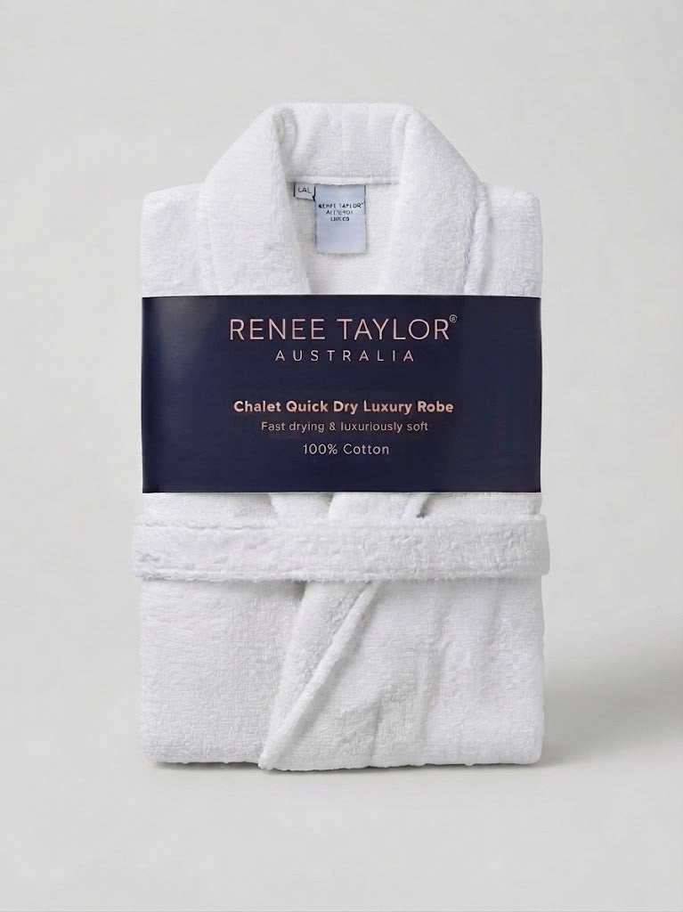 Renee Taylor Chalet Quick Dry Terry Cotton Unisex Bath Robe - White (Shawl Collar)