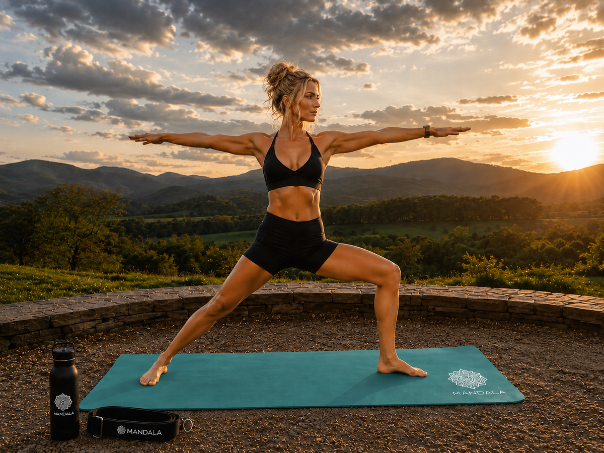 Mandala Premium Yoga Mat Set - Teal (5mm Vegan Suede Mat, Adjustable Strap & Stainless Steel Water Bottle)