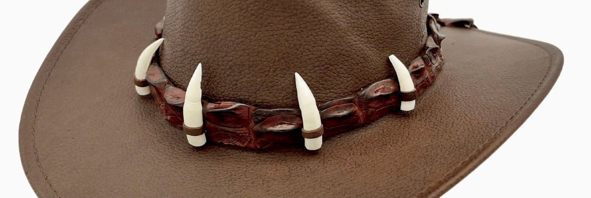 Jacaru 6567 Crocodile Leather Hatband - 5 Real Crocodile Teeth (Adjustable 75-80cm Made in Australia)