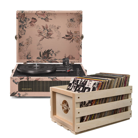 Crosley Voyager Bluetooth Portable Turntable - Floral + Bundled Record Storage Crate