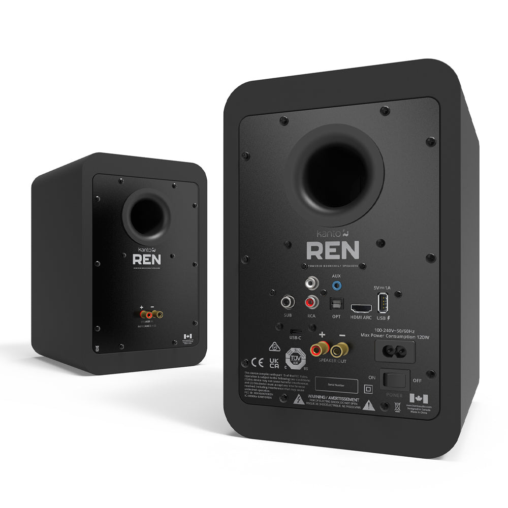 Kanto REN 200W Matte Black Powered Bookshelf Speakers with HDMI ARC, USB-C, and Bluetooth 5.3 - Pair