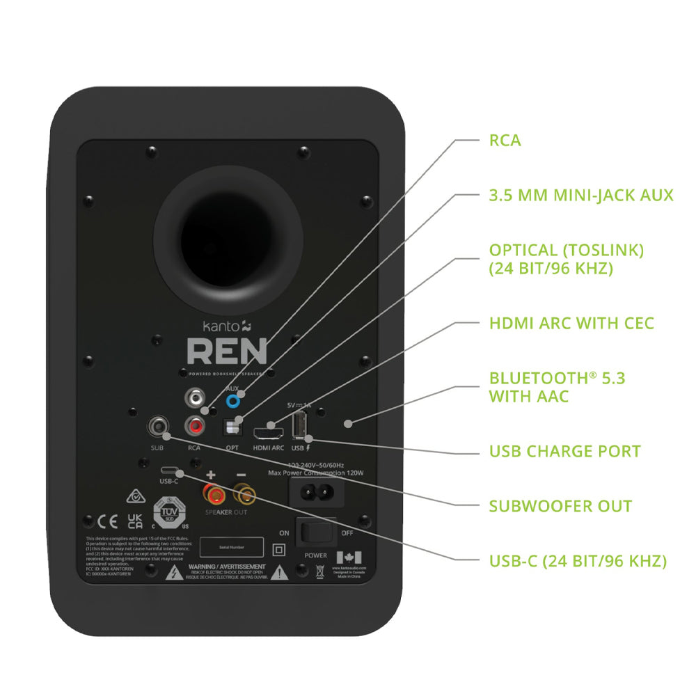 Kanto REN 200W Matte Black Powered Bookshelf Speakers with HDMI ARC, USB-C, and Bluetooth 5.3 - Pair