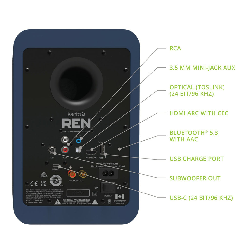 Kanto REN 200W Matte Blue Powered Bookshelf Speakers with HDMI ARC, USB-C, and Bluetooth 5.3 -  Pair