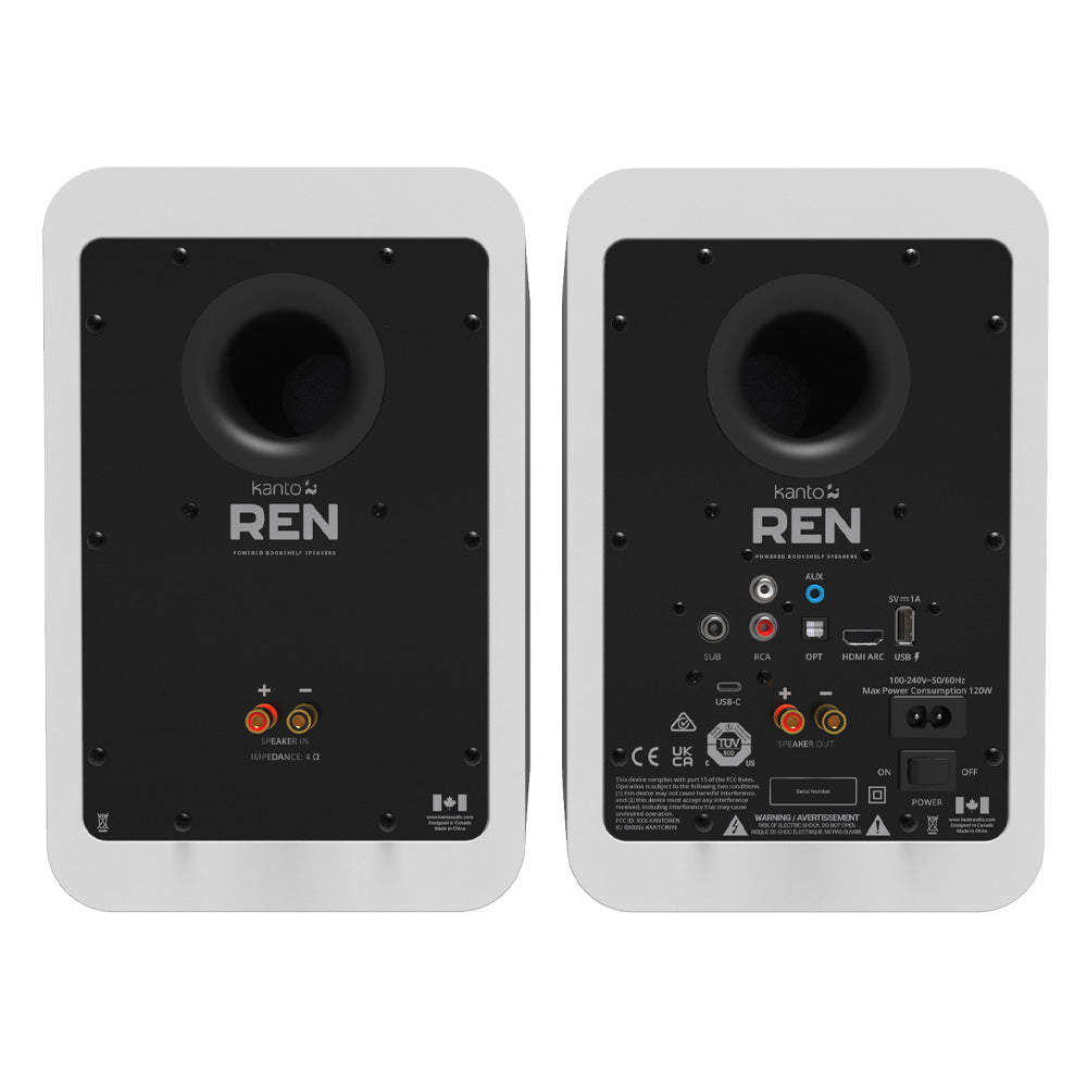 Kanto REN 200W Matte White Powered Bookshelf Speakers with HDMI ARC, USB-C, and Bluetooth 5.3 - Pair